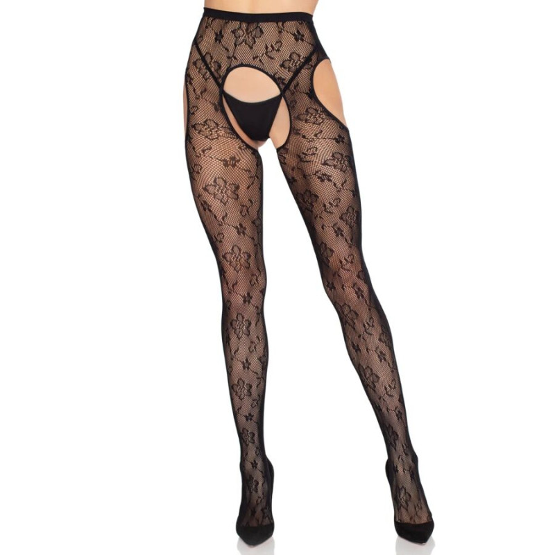 LEG AVENUE 1967 MEDIAS DE LIGUERO CON RED DE FLORES NEGRO TALLA UNICA