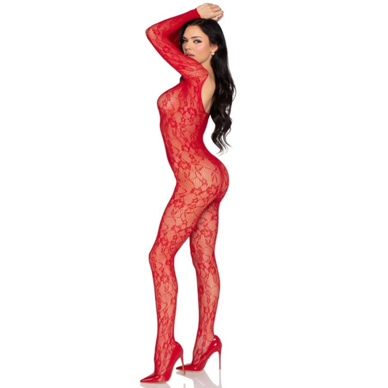 LEG AVENUE 89366 BODYSTOCKING DE LENCERIA DE ENCAJE ROJO TALLA UNICA