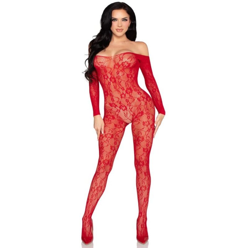 LEG AVENUE 89366 BODYSTOCKING DE LENCERIA DE ENCAJE ROJO TALLA UNICA
