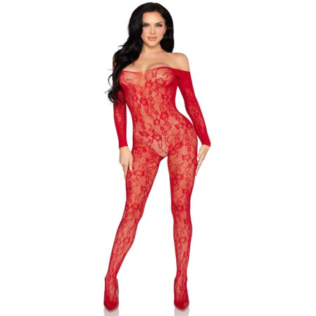 LEG AVENUE 89366 BODYSTOCKING DE LENCERIA DE ENCAJE ROJO TALLA UNICA