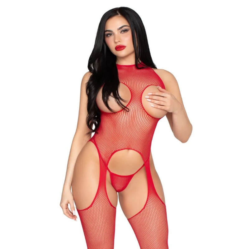 LEG AVENUE 89374 BODYSTOCKING SIN COPAS Y PANTY ROJO TALLA UNICA
