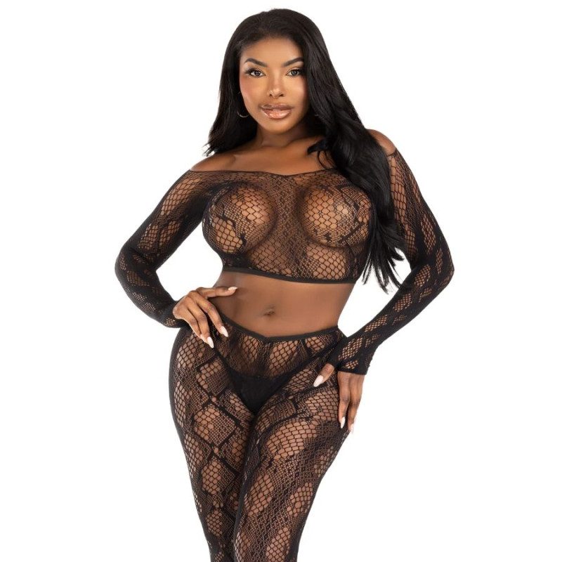LEG AVENUE 89373 CROP TOP Y MEDIAS SIN PIE DE PITON NEGRO TALLA UNICA