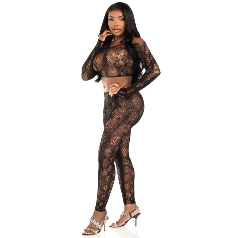 LEG AVENUE 89373 CROP TOP Y MEDIAS SIN PIE DE PITON NEGRO TALLA UNICA