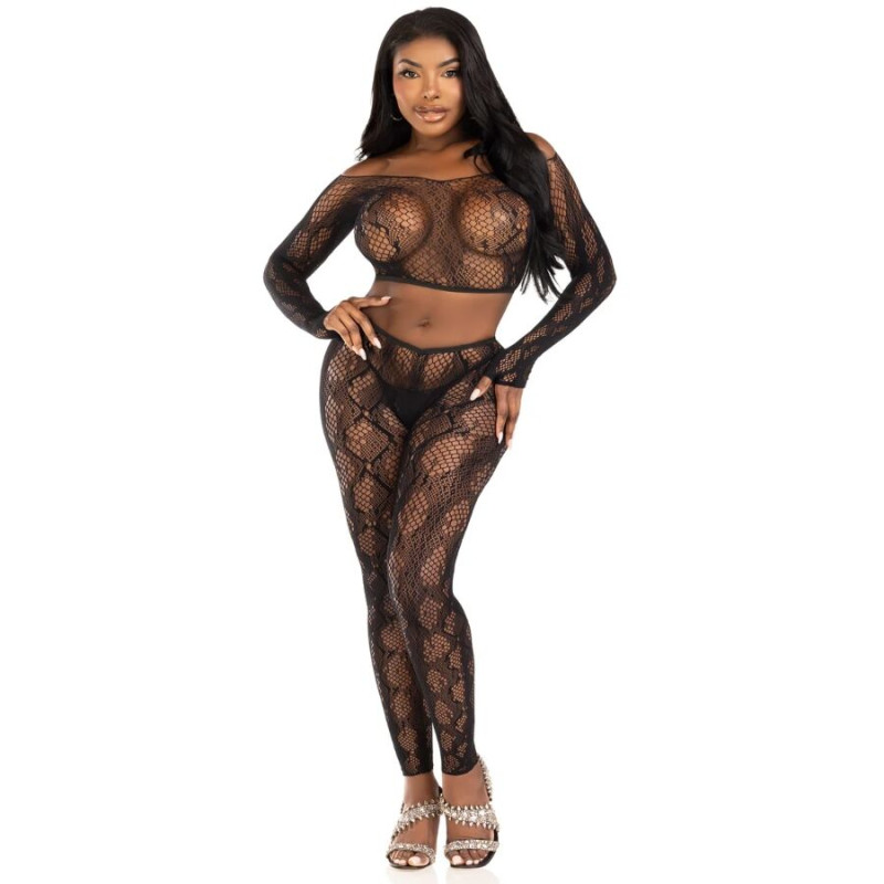 LEG AVENUE 89373 CROP TOP Y MEDIAS SIN PIE DE PITON NEGRO TALLA UNICA