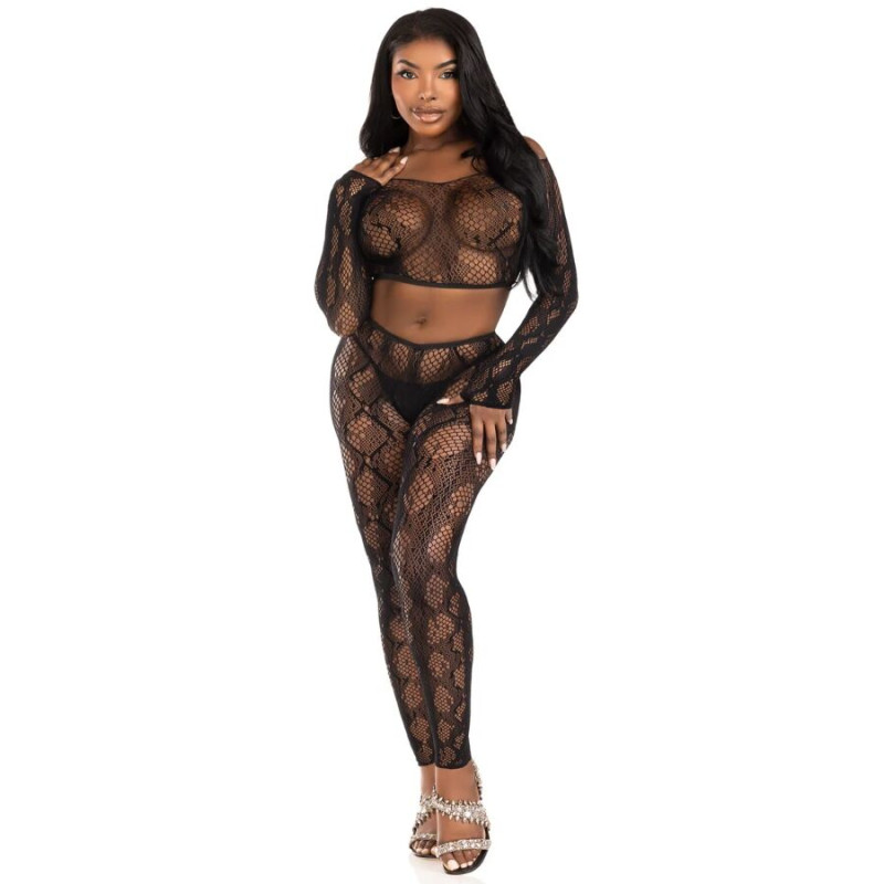 LEG AVENUE 89373 CROP TOP Y MEDIAS SIN PIE DE PITON NEGRO TALLA UNICA
