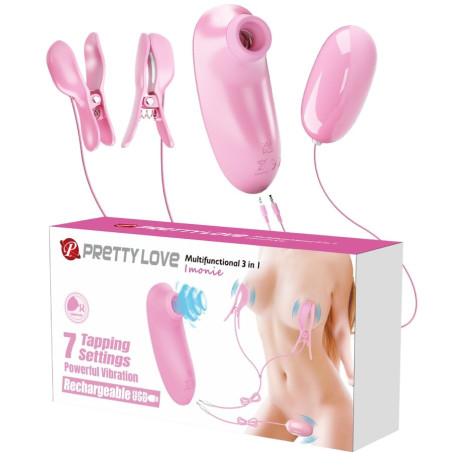 PRETTY LOVE IMONIE SET MULTIFUNCIONAL 3 EN 1 CON SUCCIONADOR PEZONES Y CLITORIS