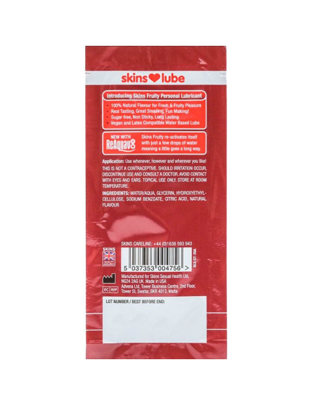 SKINS FRUITY WATER BASED LUBRICANT STRAWBERRY SINGLE DOSE 5 ML
