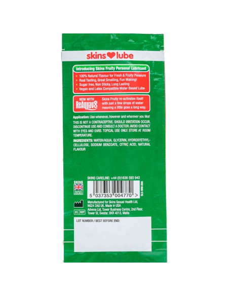 SKINS FRUITY WATER BASED LUBRICANT WATERMELON SINGLE DOSE 5 ML