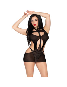 LEG AVENUE 81680 OPAQUE MINI DRESS AND HALTER TEDDY BLACK ONE SIZE 2