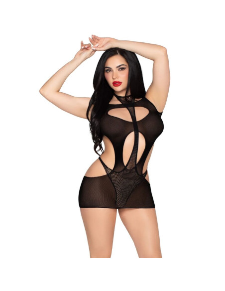 LEG AVENUE 81680 OPAQUE MINI DRESS AND HALTER TEDDY BLACK ONE SIZE