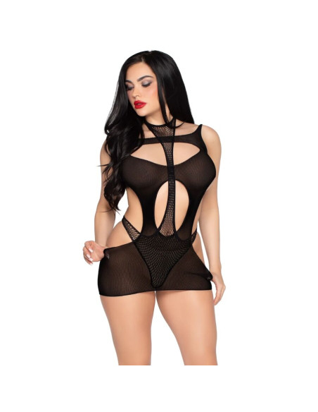 LEG AVENUE 81680 OPAQUE MINI DRESS AND HALTER TEDDY BLACK ONE SIZE