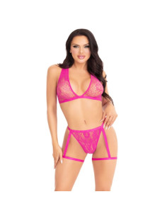 LEG AVENUE 86148 LACE BRA TOP AND PANTY WITH GARTERS PINK ONE SIZE