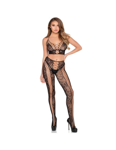 LEG AVENUE 89368 NET LACE CROP TOP AND TIGHTS BLACK ONE SIZE