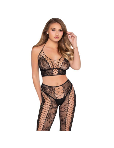LEG AVENUE 89368 NET LACE CROP TOP AND TIGHTS BLACK ONE SIZE