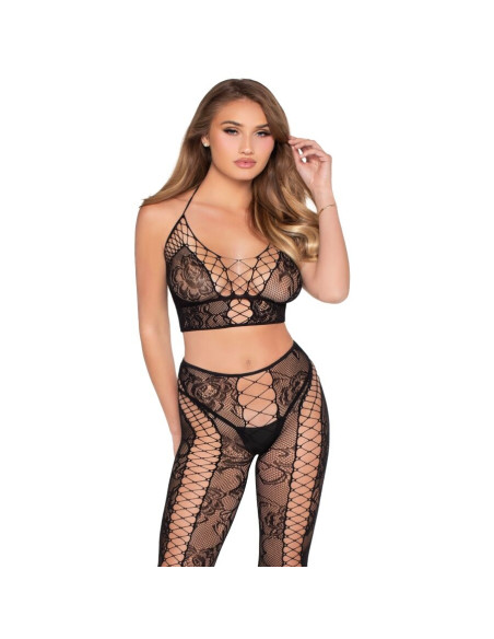 LEG AVENUE 89368 NET LACE CROP TOP AND TIGHTS BLACK ONE SIZE