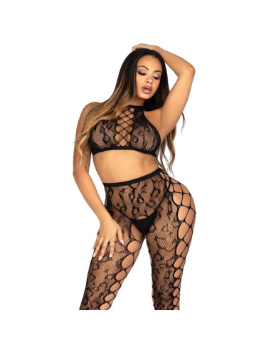 LEG AVENUE 89372 CROP TOP CROTCHLESS TIGHTS BLACK ONE SIZE