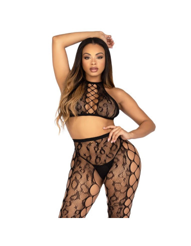 LEG AVENUE 89372 CROP TOP CROTCHLESS TIGHTS BLACK ONE SIZE