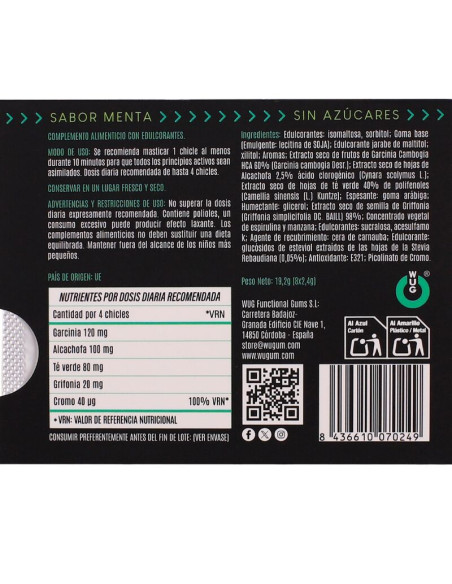 WUG DIET SUGAR FREE FUNCTIONAL MINT GUM BLISTER 8 PCS