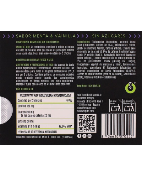 WUG ON FUNCTIONAL CAFFEINE GUARANA GUM MINT VANILLA FLAVOUR BLISTER 8 PCS