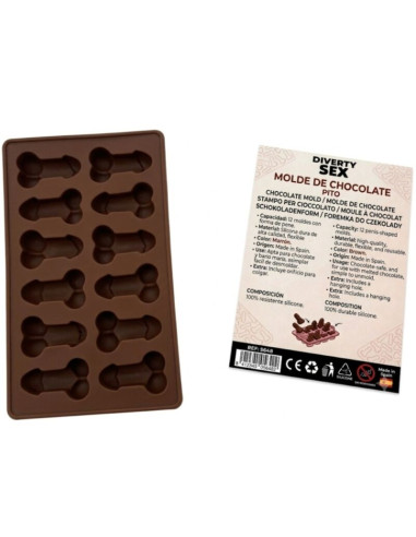 DIABLO PICANTE CHOCOLATE MOLD WITH 12 SILICONE PENISES FOR HANGING RED