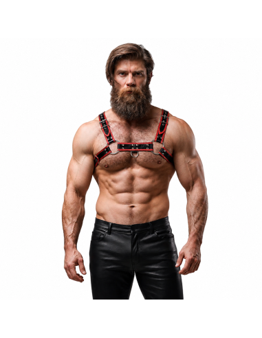 FETISH SUBMISSIVE ATTITUDE MENS ECO LEATHER CHEST HARNESS BLACK RED