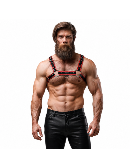 FETISH SUBMISSIVE ATTITUDE MENS ECO LEATHER CHEST HARNESS BLACK RED