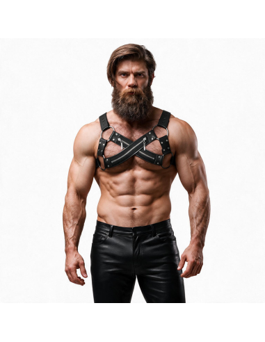 FETISH SUBMISSIVE ATTITUDE ADJUSTABLE NEOPRENE CROSS OVER CHEST BULLDOG HARNESS WITH ZIPPERS FOR MEN