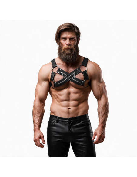 FETISH SUBMISSIVE ATTITUDE ADJUSTABLE NEOPRENE CROSS OVER CHEST BULLDOG HARNESS WITH ZIPPERS FOR MEN