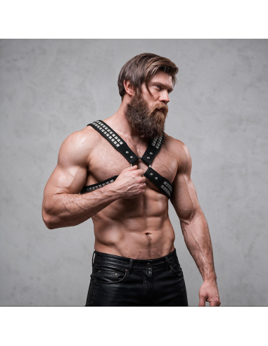 FETISH SUBMISSIVE ATTITUDE MENS CROSSED CHEST ECO LEATHER HARNESS WITH RIVETS