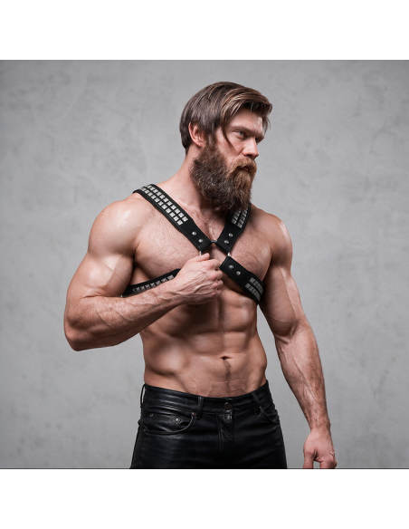 FETISH SUBMISSIVE ATTITUDE MENS CROSSED CHEST ECO LEATHER HARNESS WITH RIVETS