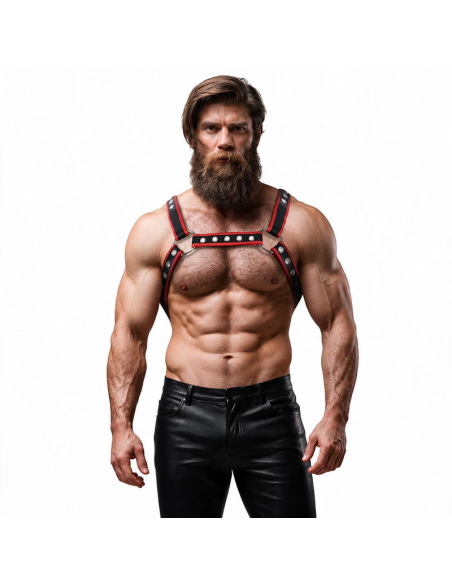 FETISH SUBMISSIVE ATTITUDE MENS ECO LEATHER CHEST BULLDOG HARNESS BLACK RED