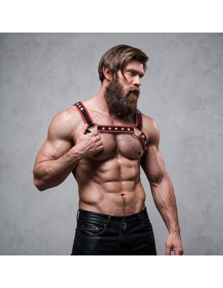 FETISH SUBMISSIVE ATTITUDE MENS ECO LEATHER CHEST BULLDOG HARNESS BLACK RED