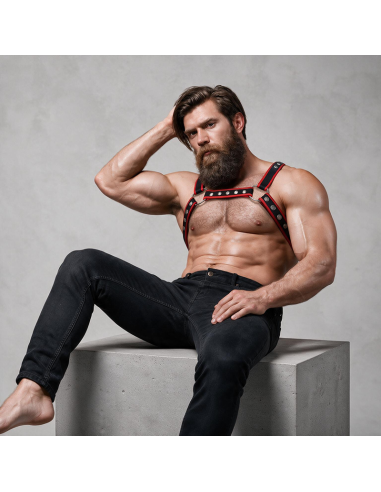 FETISH SUBMISSIVE ATTITUDE MENS ECO LEATHER CHEST BULLDOG HARNESS BLACK RED
