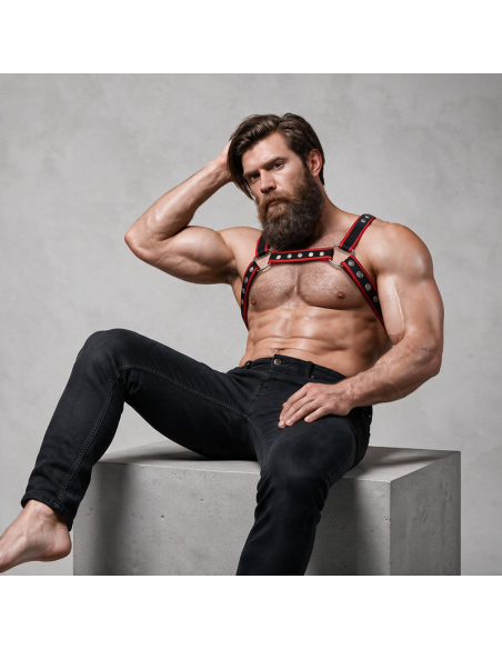 FETISH SUBMISSIVE ATTITUDE MENS ECO LEATHER CHEST BULLDOG HARNESS BLACK RED