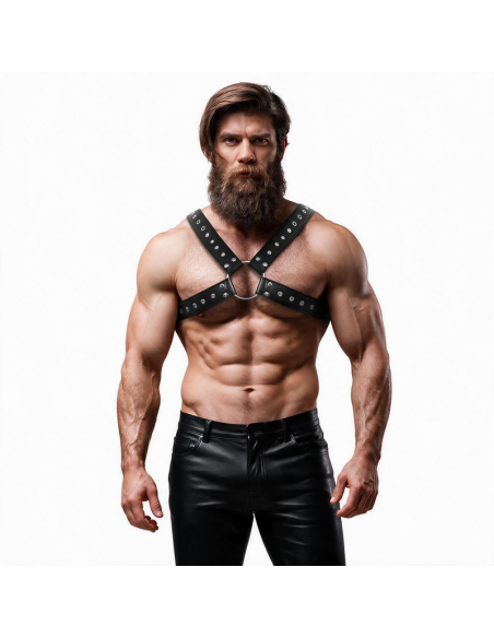 FETISH SUBMISSIVE ATTITUDE MENS CROSS OVER ECO LEATHER CHEST HARNESS WITH STUDS