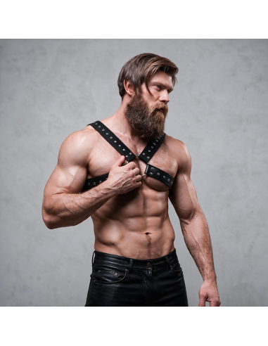FETISH SUBMISSIVE ATTITUDE MENS CROSS OVER ECO LEATHER CHEST HARNESS WITH STUDS
