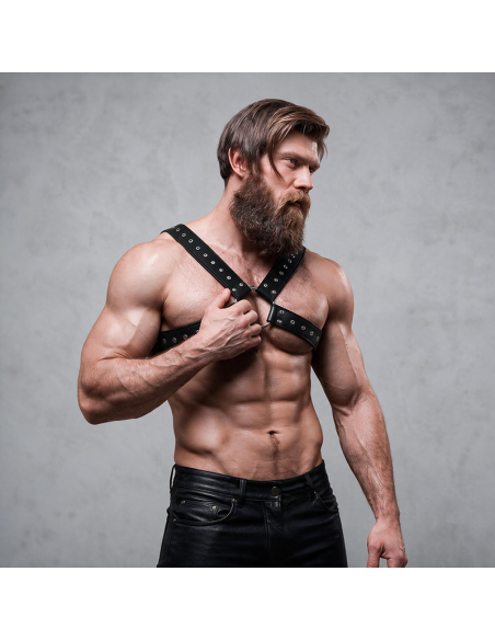 FETISH SUBMISSIVE ATTITUDE MENS CROSS OVER ECO LEATHER CHEST HARNESS WITH STUDS