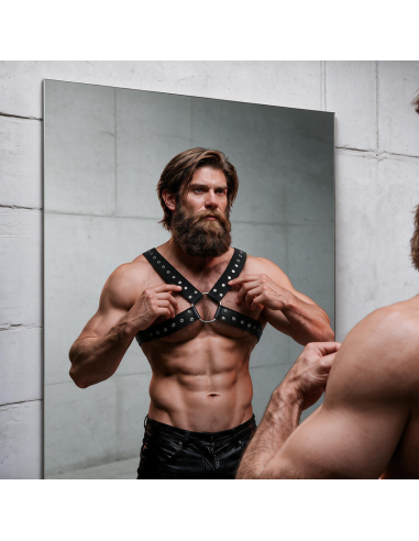 FETISH SUBMISSIVE ATTITUDE MENS CROSS OVER ECO LEATHER CHEST HARNESS WITH STUDS