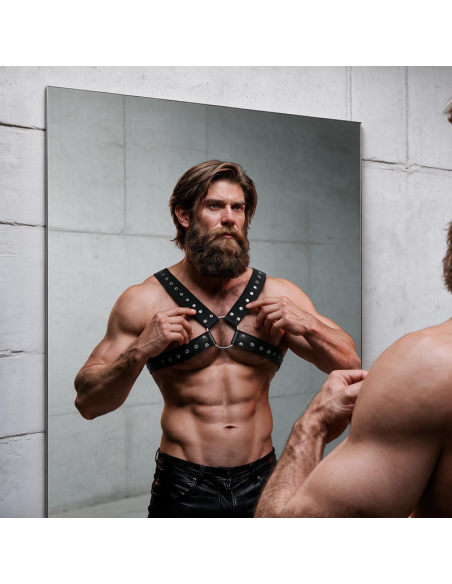 FETISH SUBMISSIVE ATTITUDE MENS CROSS OVER ECO LEATHER CHEST HARNESS WITH STUDS