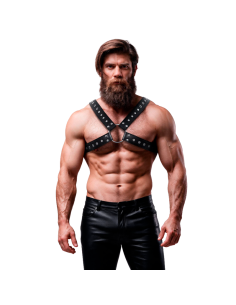 FETISH SUBMISSIVE ATTITUDE MENS CROSS OVER ECO LEATHER CHEST HARNESS WITH STUDS