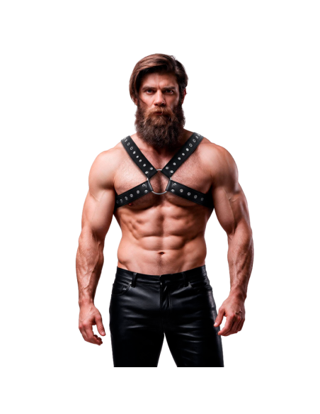 FETISH SUBMISSIVE ATTITUDE MENS CROSS OVER ECO LEATHER CHEST HARNESS WITH STUDS
