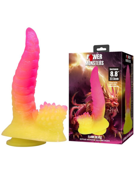 POWER MONSTERS RIPPLIED MONSTER FANTASY DILDO WITH SUCTION CUP 225 CM O 55 CM PINK YELLOW