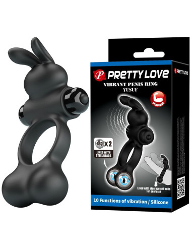 PRETTY LOVE VIBRATING PENIS RING WITH BUNNY STIMULATOR 10 FUNCTIONS BLACK