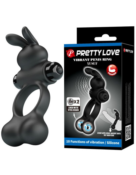 PRETTY LOVE VIBRATING PENIS RING WITH BUNNY STIMULATOR 10 FUNCTIONS BLACK