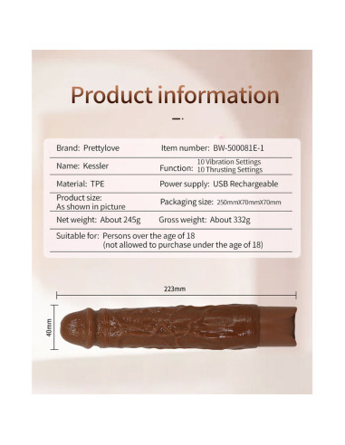PRETTY LOVE KESSLER REALISTIC VIBRATING DILDO WITH 10 VIBRATION MODES AND 10 THROWS 22 CM BROWN
