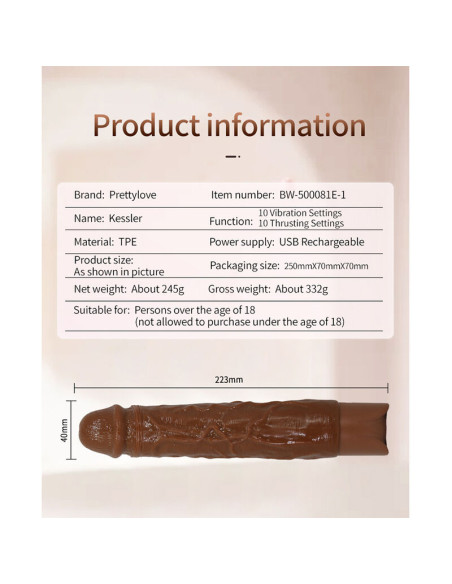 PRETTY LOVE KESSLER REALISTIC VIBRATING DILDO WITH 10 VIBRATION MODES AND 10 THROWS 22 CM BROWN