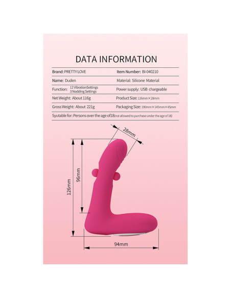 PRETTY LOVE DUDEN RECHARGEABLE SILICONE VIBRATOR 12 VIBRATION MODES AND 3 ROCKING MODES PINK