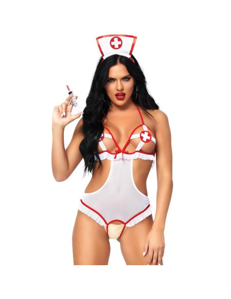 LEG AVENUE NURSE OPEN CROTHLESS TEDDY ONE SIZE