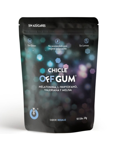 WUG GUM OFF CHICLE VALERIANA TRIPTOFANO MELISA Y MELATONINA 10 UNIDADES