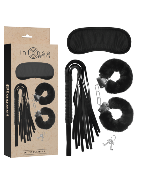 INTENSE FETISH SET EROTICO 1 CON ESPOSAS ANTIFAZ Y LATIGO DE CUERO VEGANO